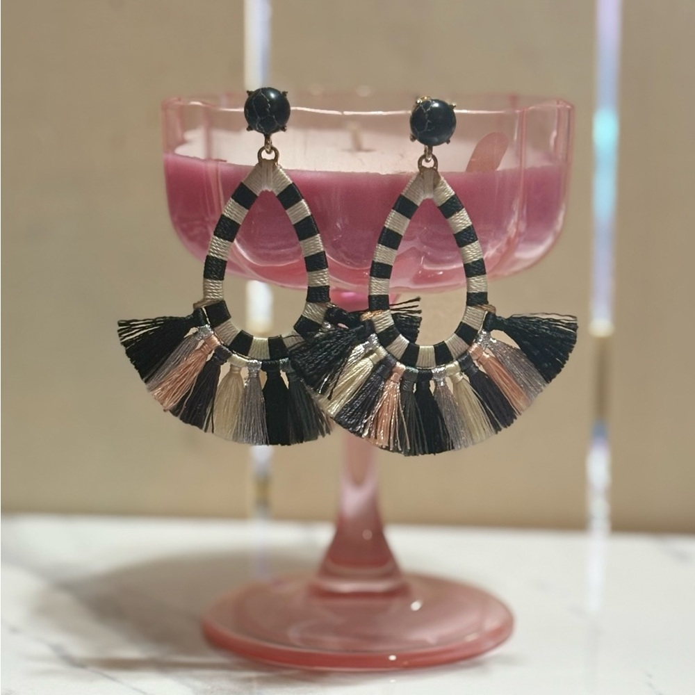 BaubleBar Black and Gold Teardrop Fringe Statement Earrings